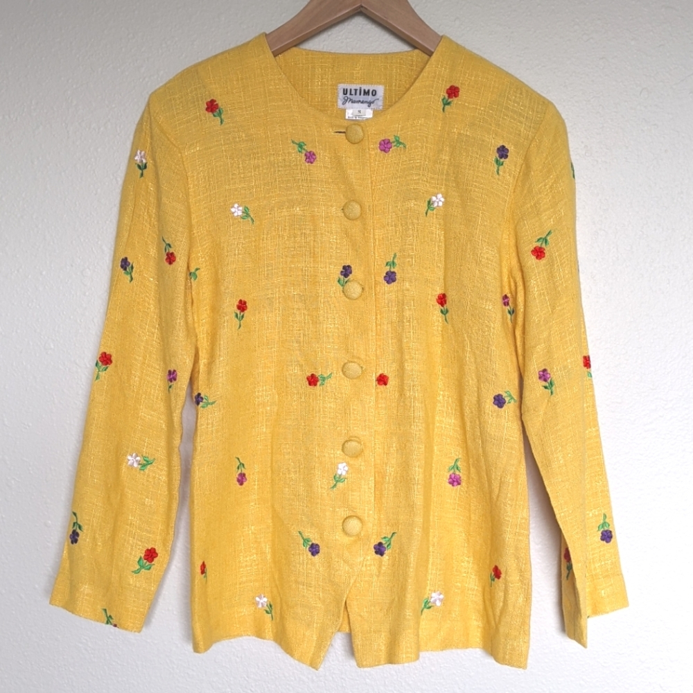 Vintage Yellow Linen Jacket w/ Embroidered Flowers Sz Small Cottagecore blazer